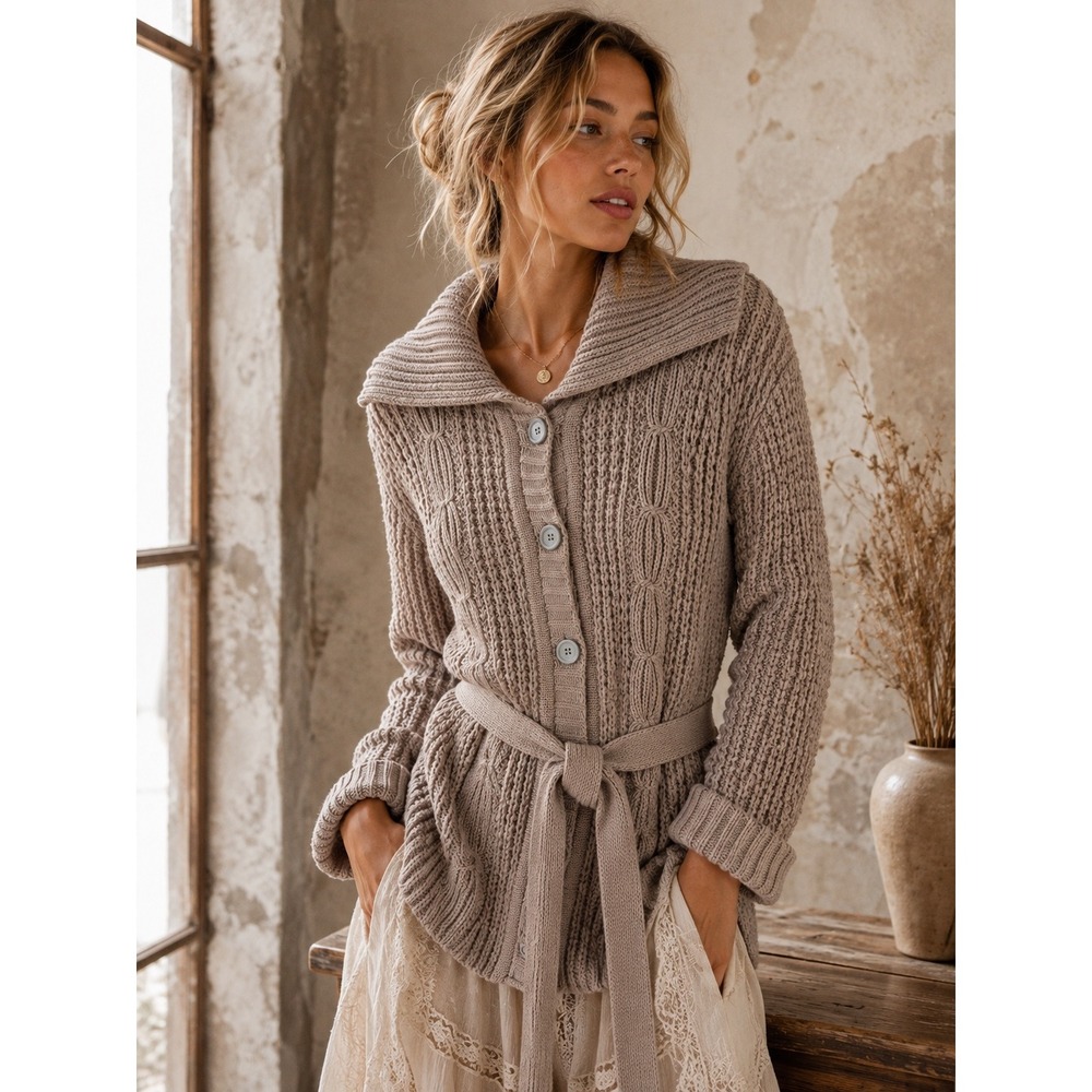 Cabi Womens Taupe 100% Wool Shawl Collar Belted Cable Knit Cardigan Sweater L